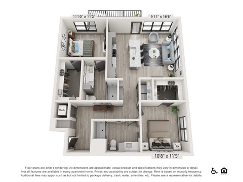 Floor plan for 2 beds, 2 baths, 1136 sqft